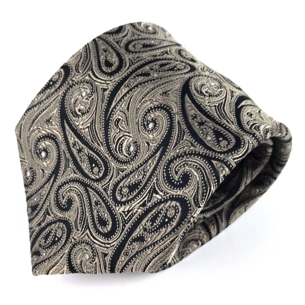 Chaps Ralph Lauren Men's Tie 100% Silk Light Brown Tan Black Paisley Necktie 58"
